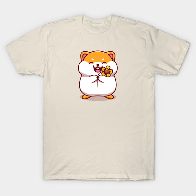 Cute Hamster Holding Sun Flower Cartoon T-Shirt by Catalyst Labs